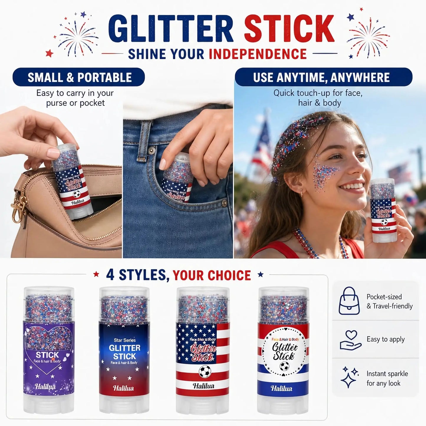 Sparkle this 4th of July with our Red, White & Blue Glitter Stick!