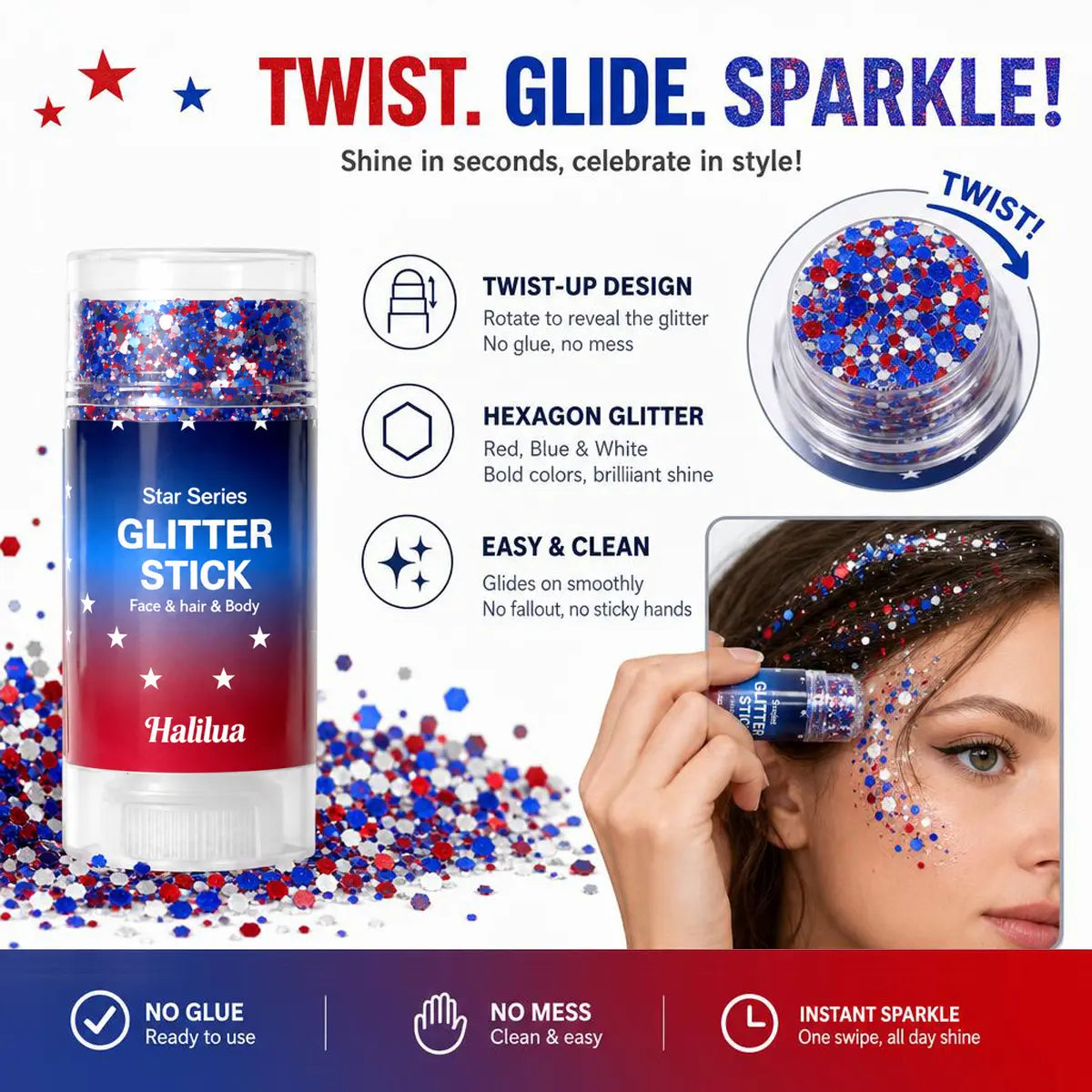 Sparkle this 4th of July with our Red, White & Blue Glitter Stick!