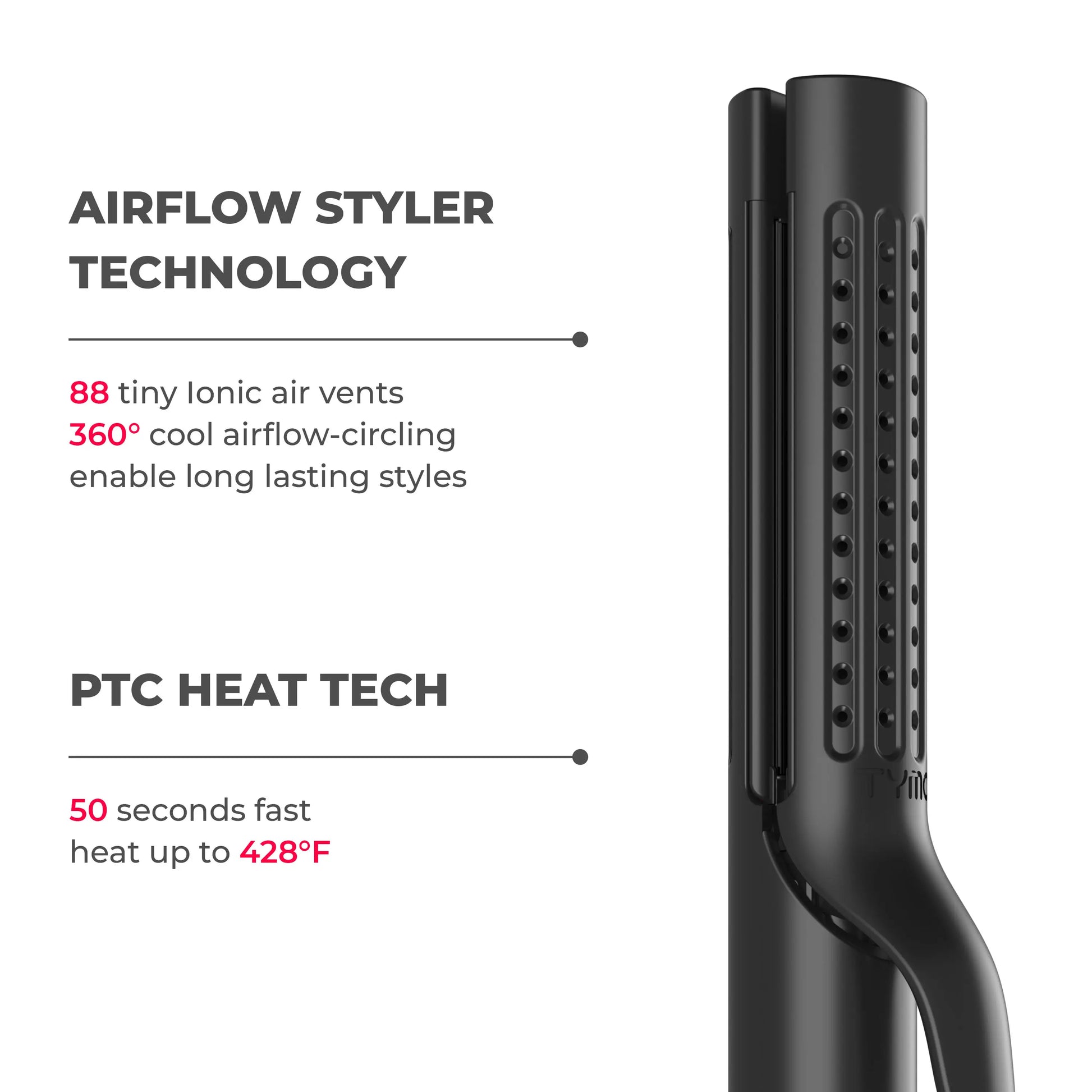 TYMO AIRFLOW 2-In-1 Hair Straightener & Curler - 360° Cooling Air Curler with Tourmaline Coating, Negative Ion Tech, 5 Temp Settings