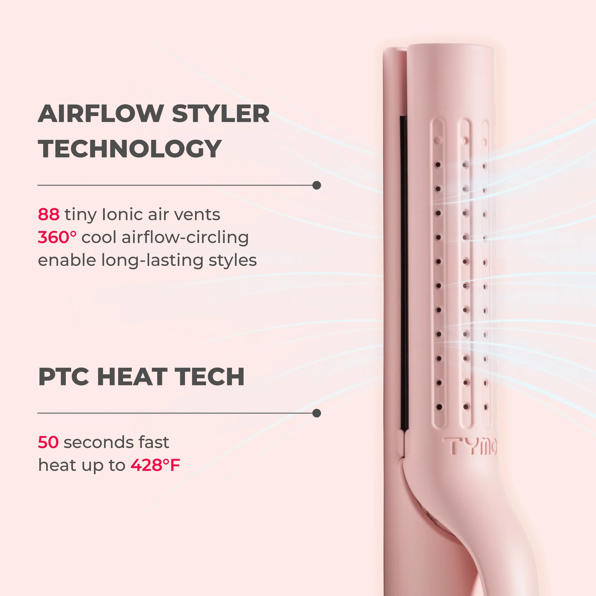 TYMO AIRFLOW 2-In-1 Hair Straightener & Curler - 360° Cooling Air Curler with Tourmaline Coating, Negative Ion Tech, 5 Temp Settings