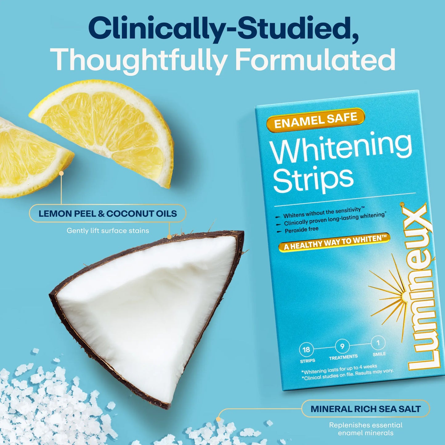 Lumineux Teeth Whitening Strips | 9 TREATMENTS | 18 STRIPS | Peroxide Free, Enamel Safe, Teeth Whitening for Sensitive Teeth | Sea Salt & Coconut Oil for Strong Healthy Teeth & Oral Care
