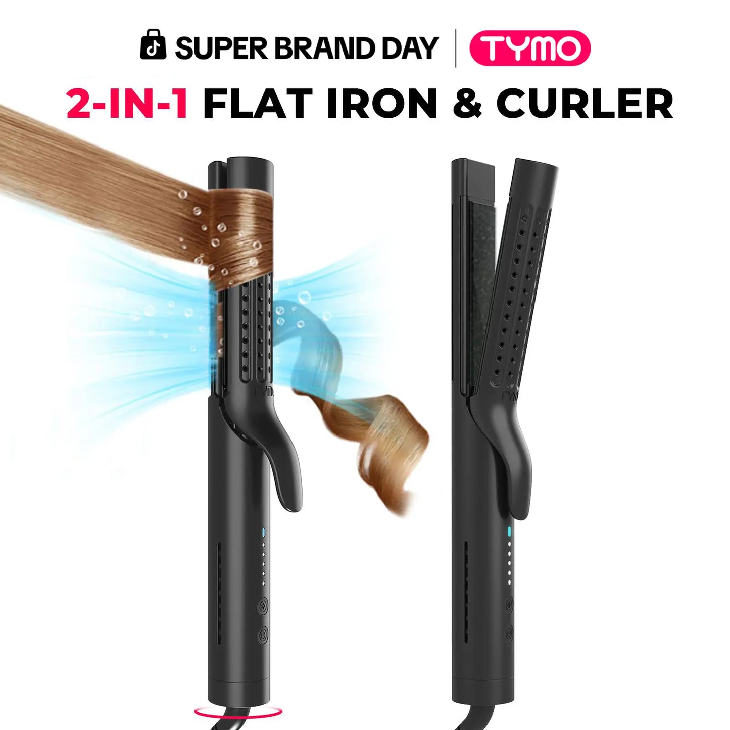 TYMO AIRFLOW 2-In-1 Hair Straightener & Curler - 360° Cooling Air Curler with Tourmaline Coating, Negative Ion Tech, 5 Temp Settings